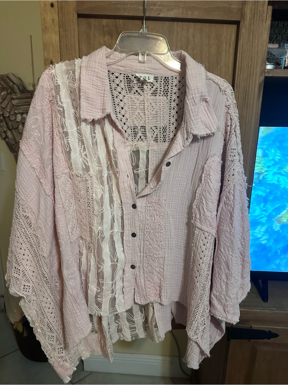 POL Light Pink Boho Lace Patchwork Button-Up Blouse